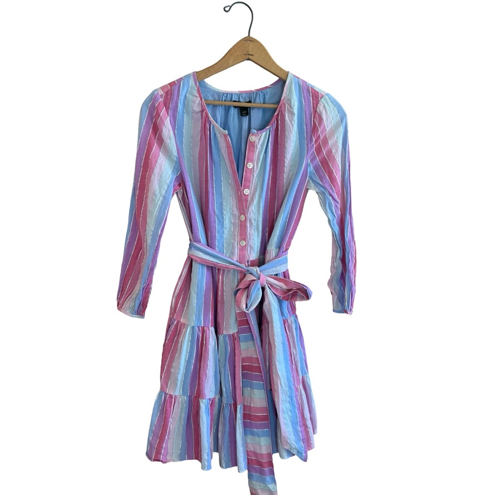 J. Crew Tiered Popover Rainbow Striped Poplin Long Sleeve Flowy Dress XSP